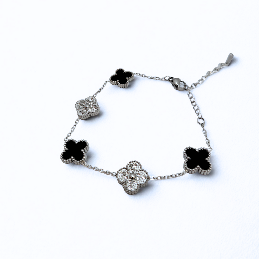 Pulsera de Trébol Plateada con Circonitas y Negro 100% Acero Inoxidable