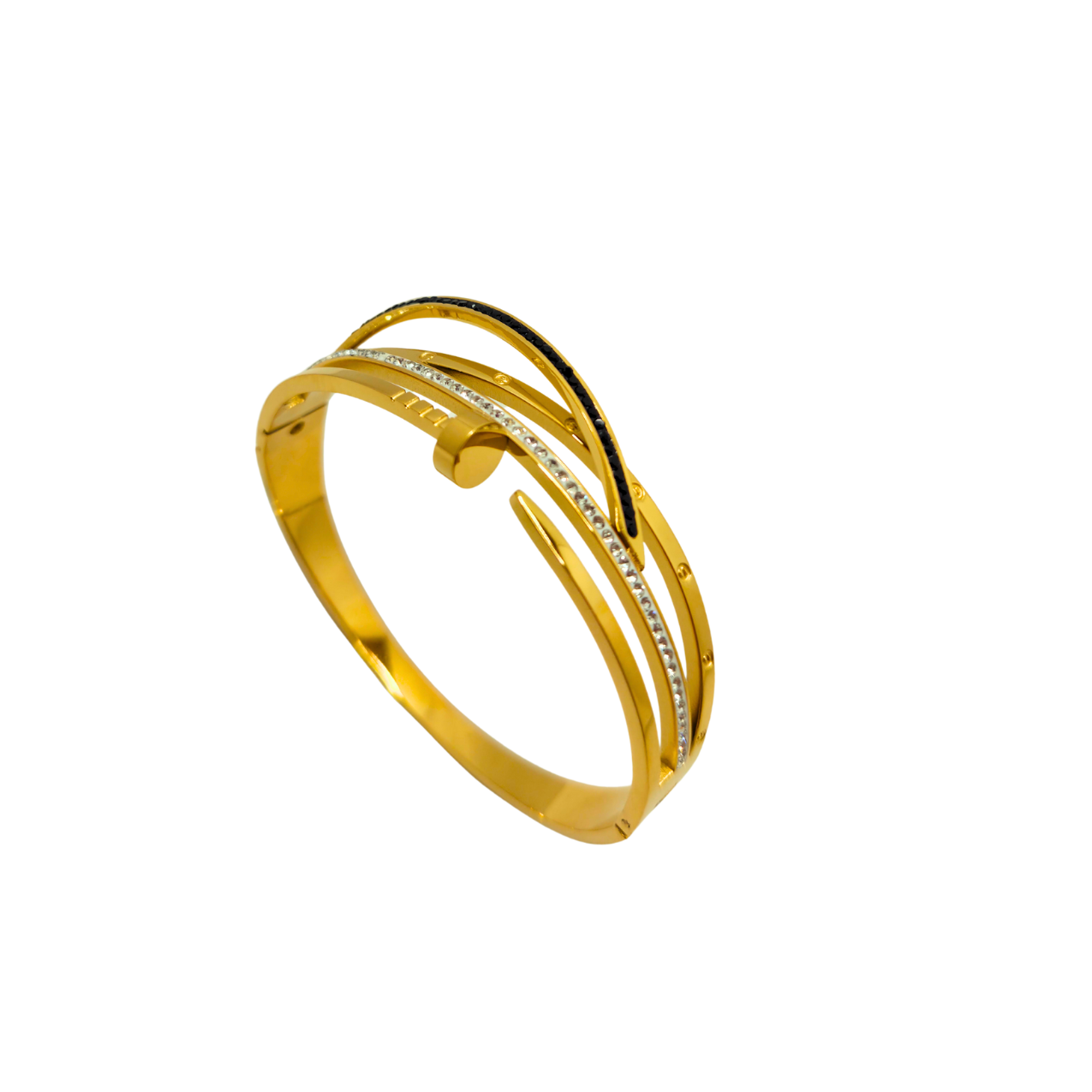 Pulsera Rígida Diseño Entrelazado con Clavo, Circonitas y Esmalte Negro 100% Acero Bañado en Oro 18K