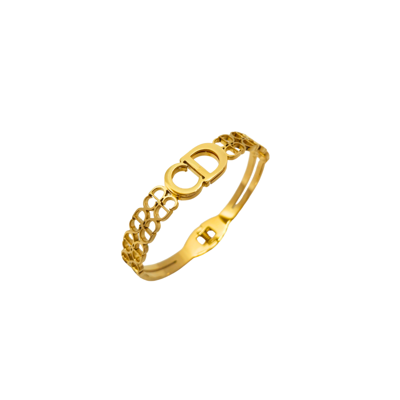 Pulsera Rígida con Doble Letra y Diseño Calado 100% Acero Bañado en Oro 18K