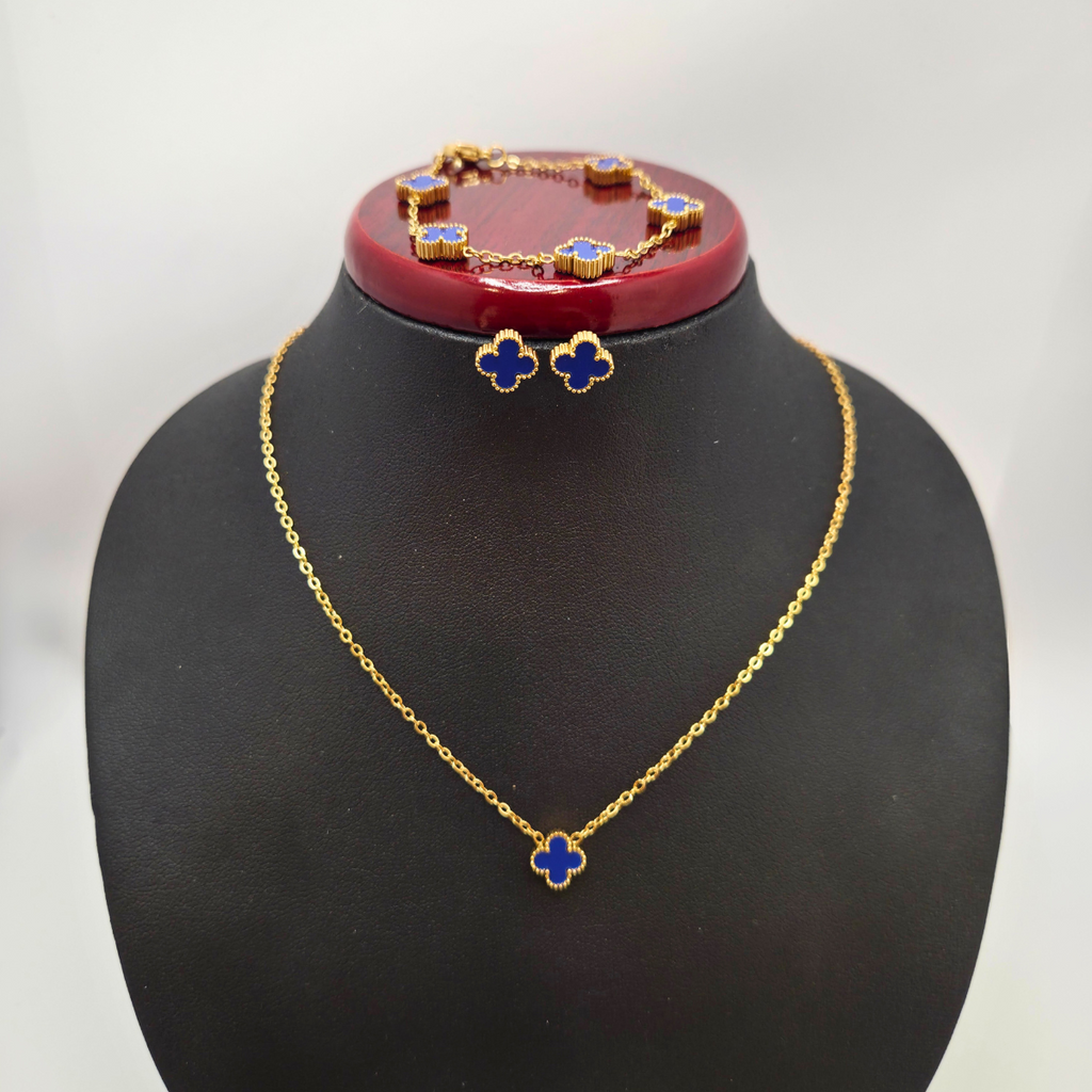Conjunto de Joyería Trébol Azul Zafiro 100% Acero Bañado en Oro 18K