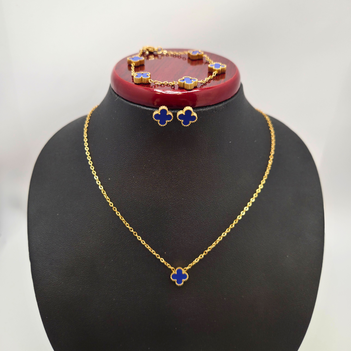 Conjunto de Joyería Trébol Azul Zafiro 100% Acero Bañado en Oro 18K