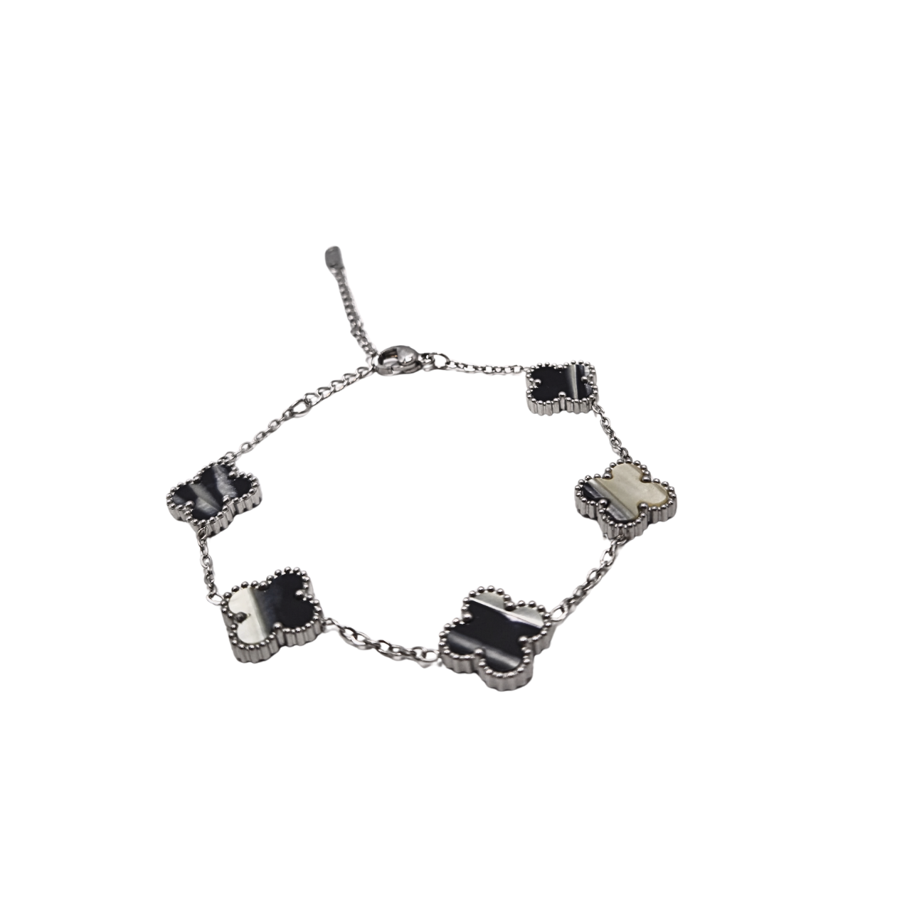 Pulsera de Trébol Diseño Mármol Blanco y Negro 100% Acero Inoxidable Color Plata
