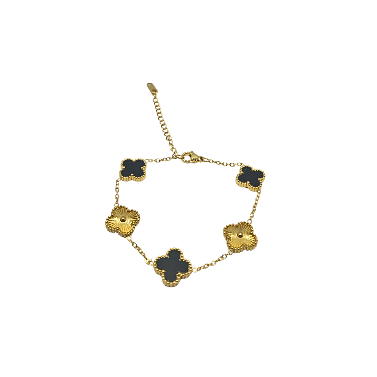 Pulsera de Trébol Alternado Negro y Dorado 100% Acero Bañado en Oro 18K
