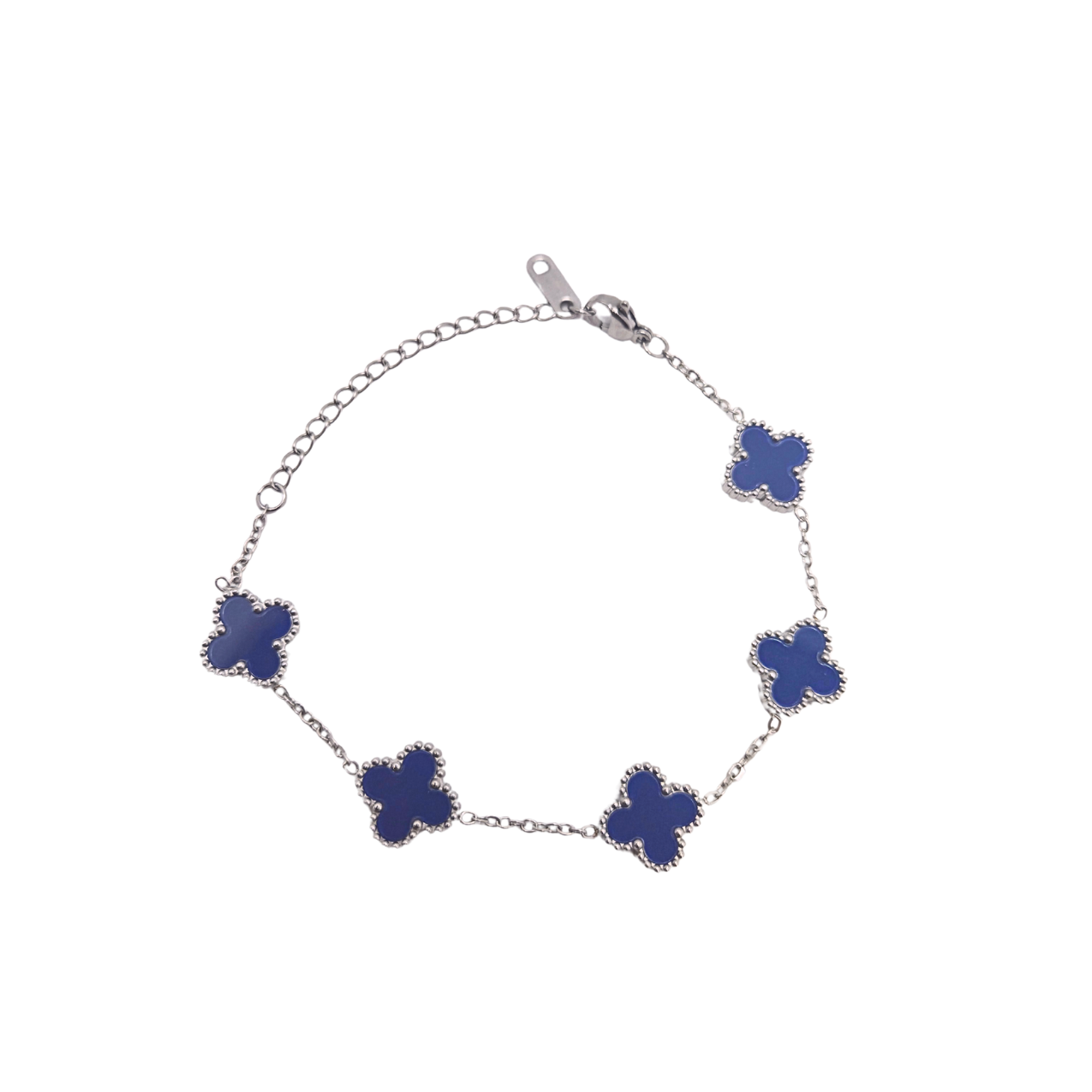 Pulsera de Trébol Azul Intenso 100% Acero Inoxidable Color Plata