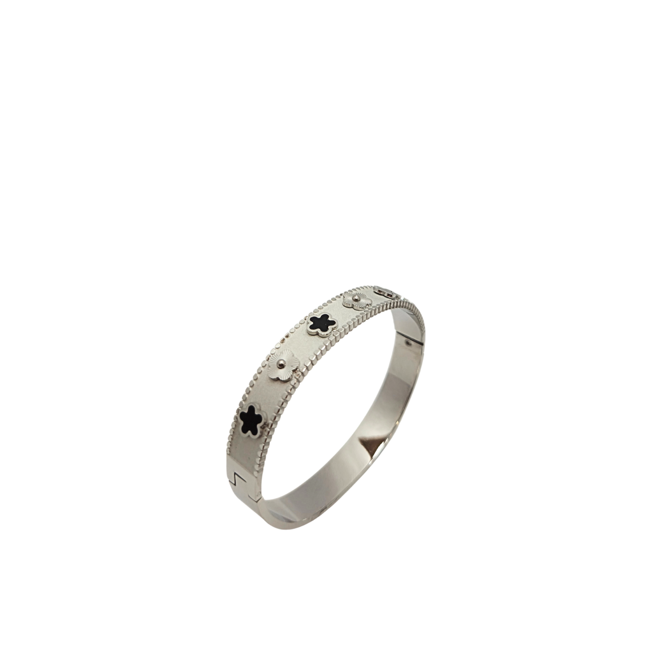 Pulsera Rígida Tréboles Negros - Acero Bañado en Plata