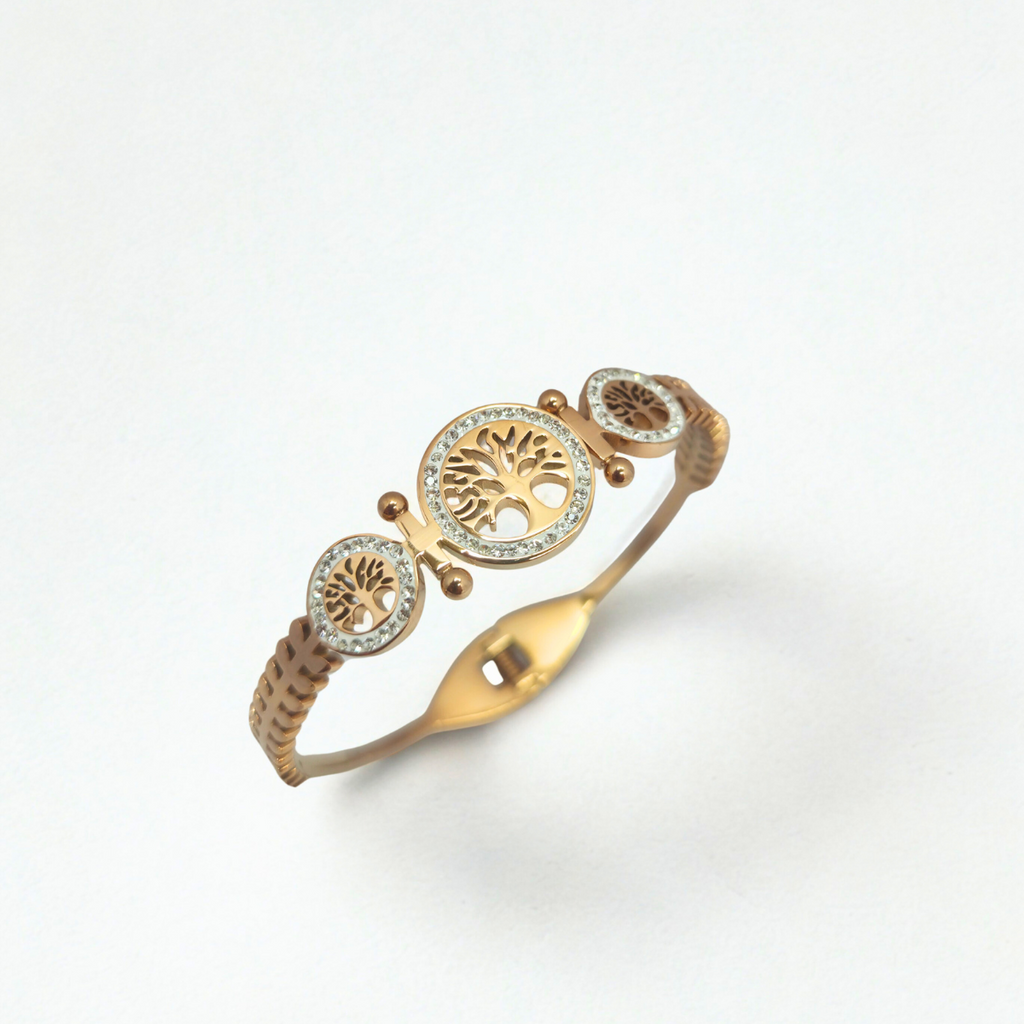 Pulsera Rígida Árbol de la Vida con Circonitas 100% Acero Bañado en Oro 18K