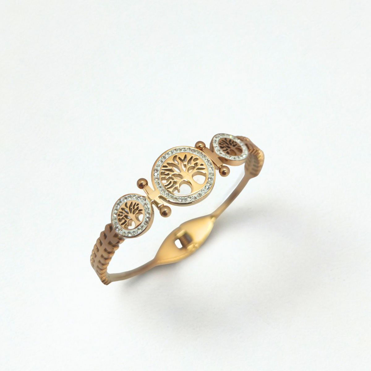 Pulsera Rígida Árbol de la Vida con Circonitas 100% Acero Bañado en Oro 18K