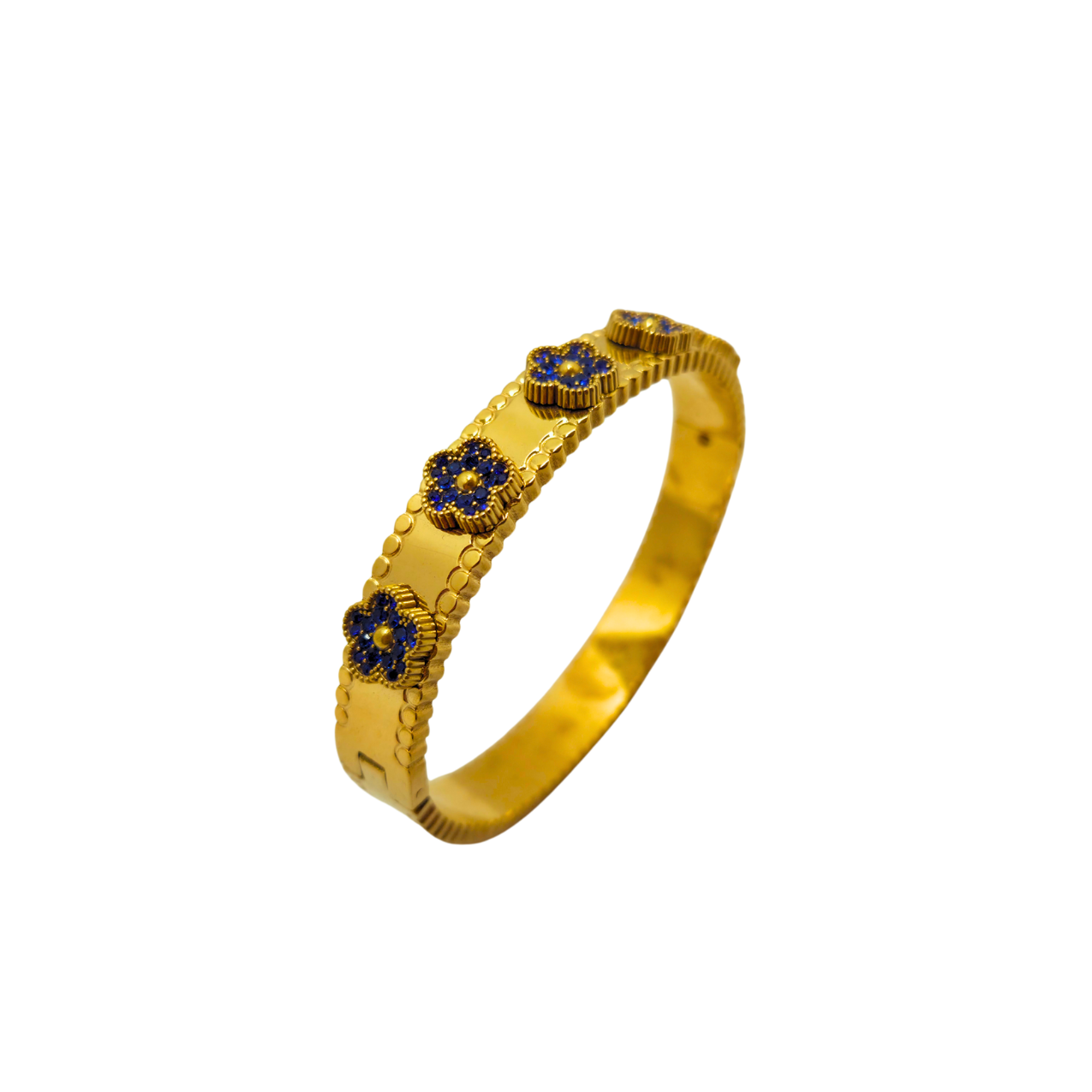 Pulsera Rígida con Tréboles Azules y Detalles Grabados 100% Acero Bañado en Oro 18K