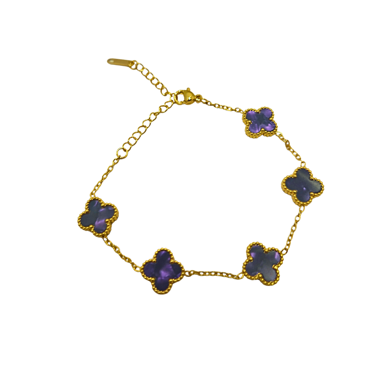 Pulsera de Trébol Morado Jaspeado 100% Acero Bañado en Oro 18K