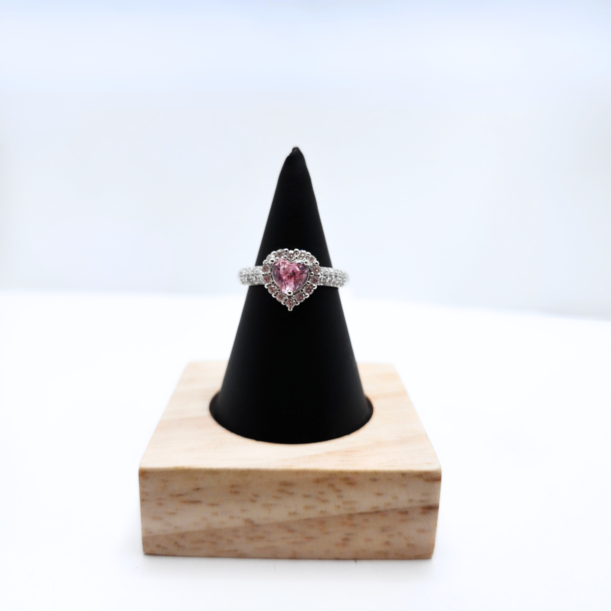 Bague cœur rose avec zircone 100 % acier inoxydable couleur argent