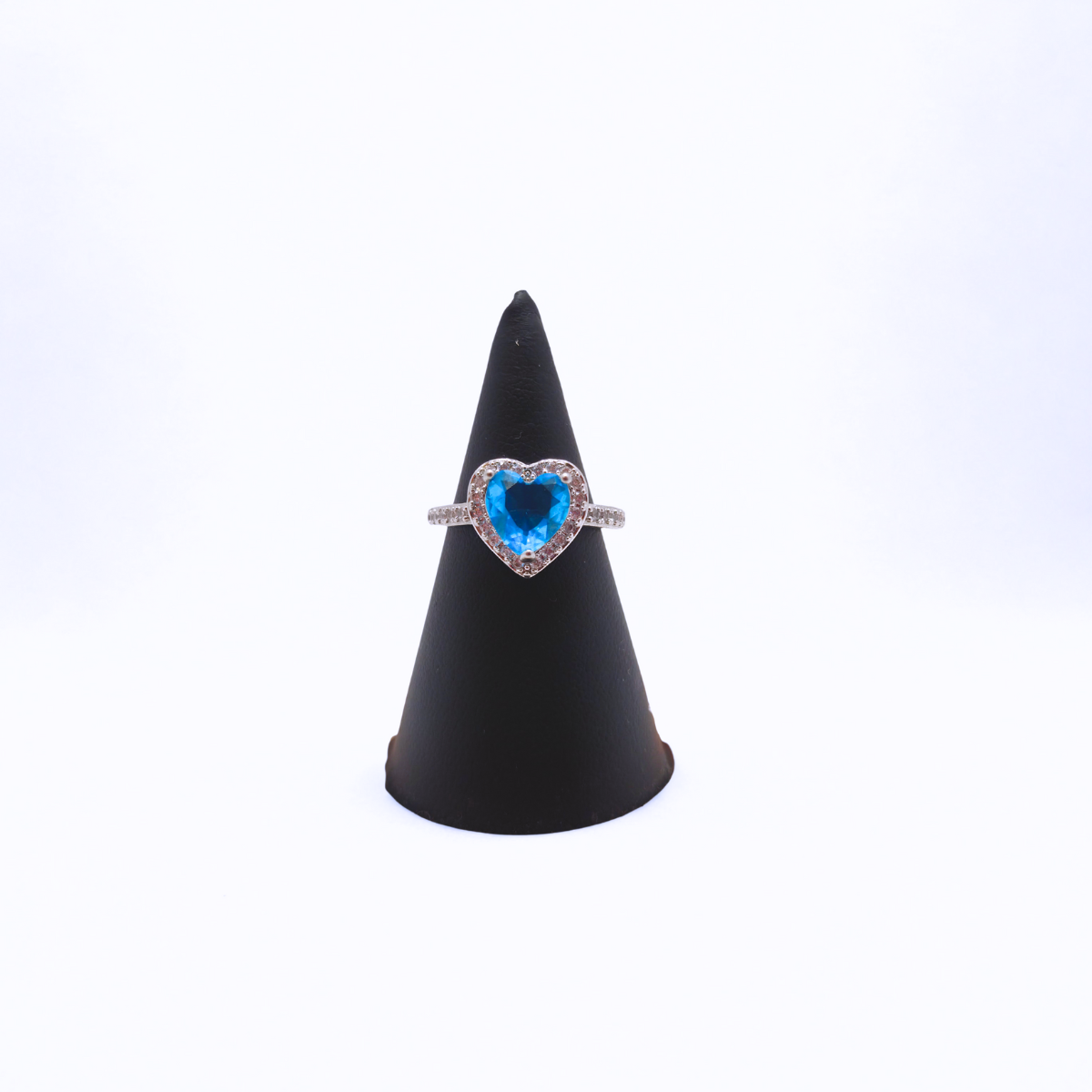 Bague ajustable « Cœur de l'Océan » avec zircone bleue et halo – Acier plaqué or blanc 18 carats