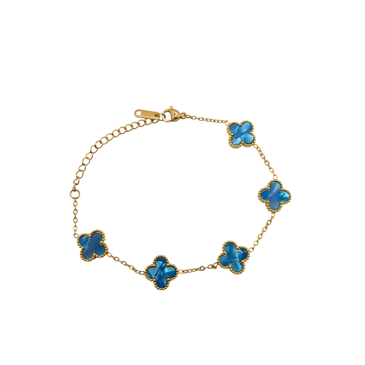 Pulsera de Trébol Azul Iridiscente 100% Acero Bañado en Oro 18K
