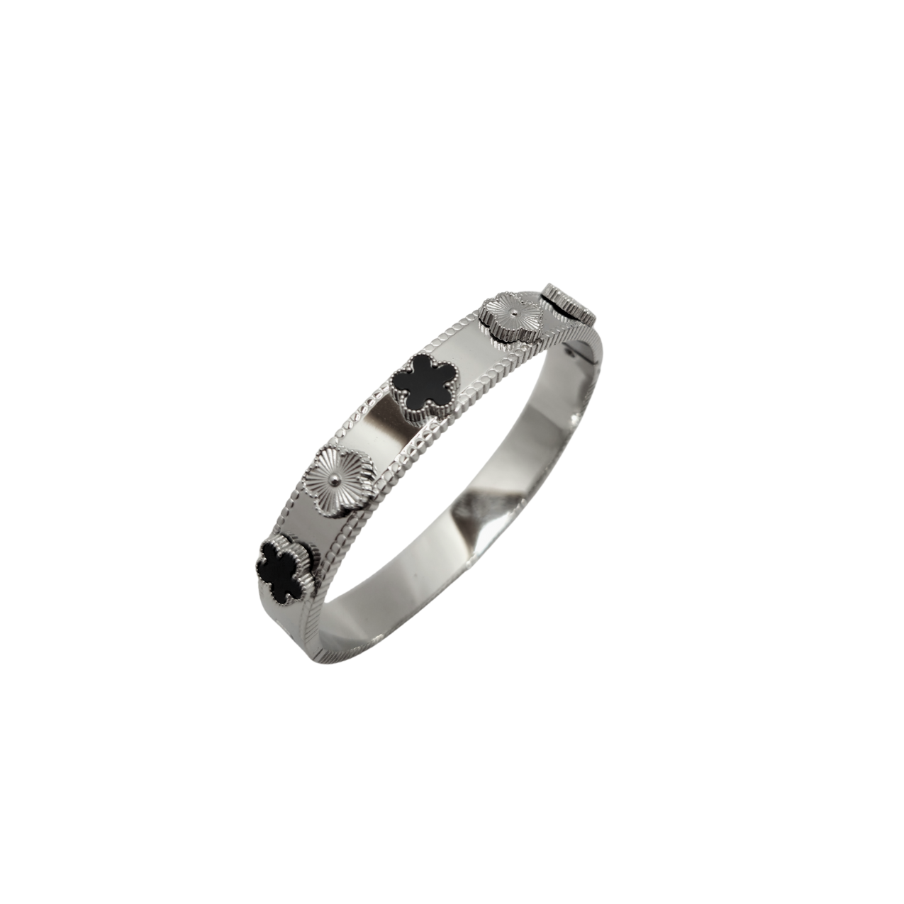 Pulsera Rígida Tréboles Alternos - Acero Bañado en Plata