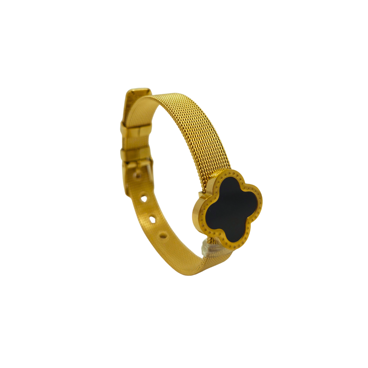 Pulsera Malla Milanese con Trébol Negro 100% Acero Bañado en Oro 18K