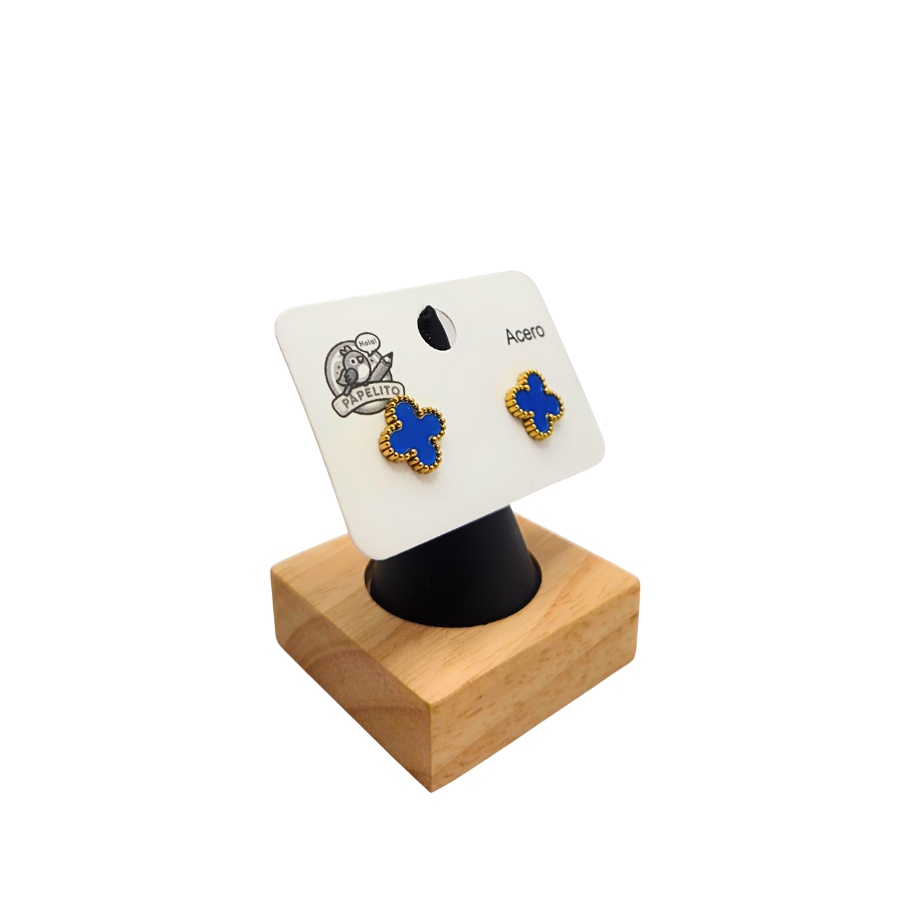 Pendientes de Botón Trébol Azul con Borde Dorado Perlado 100% Acero Bañado en Oro 18K
