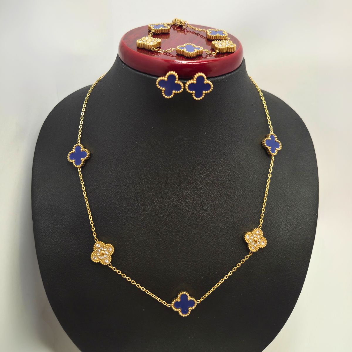 Conjunto de Joyería Trébol Azul y Circonitas 100% Acero Bañado en Oro 18K