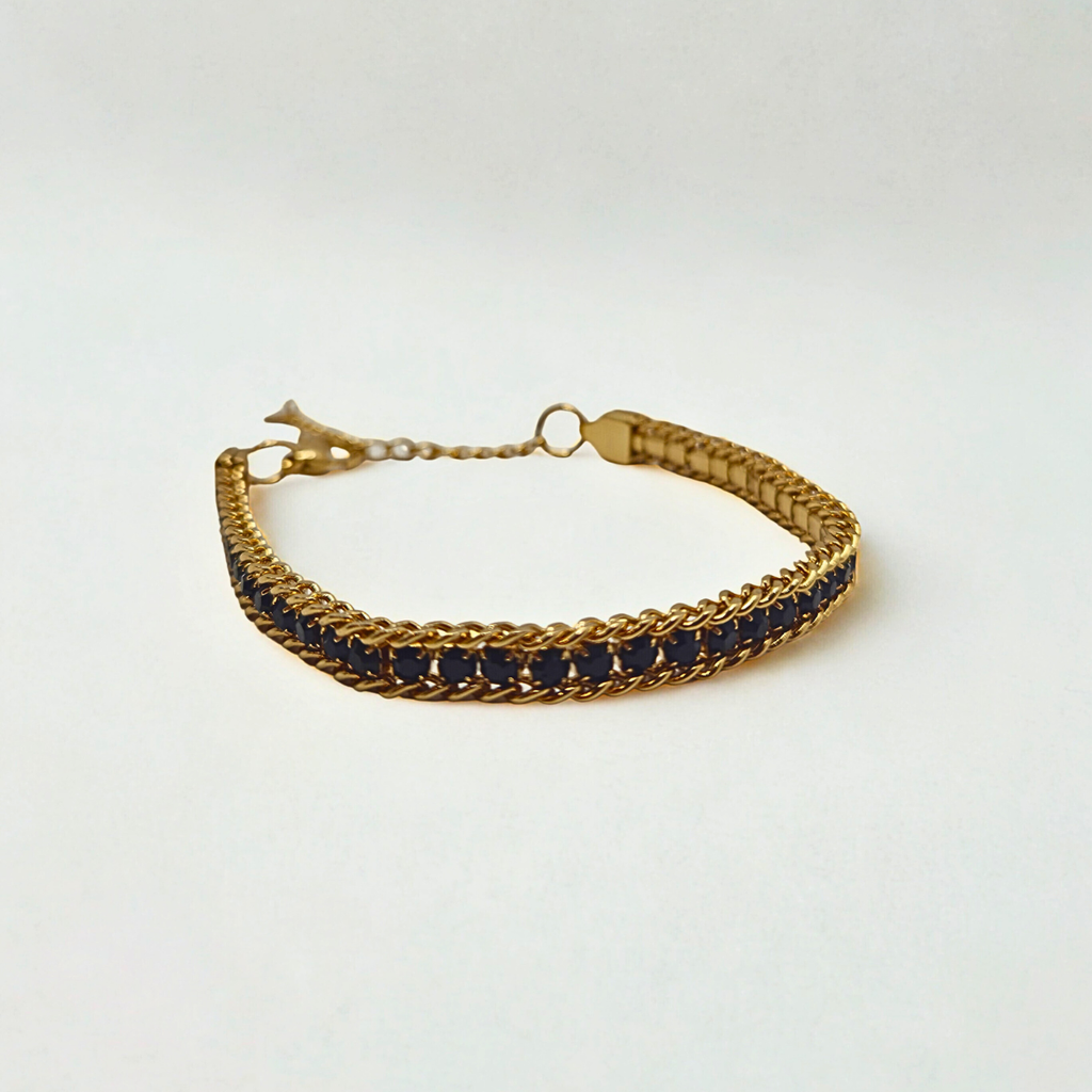Pulsera ancha de Malla con Circonitas Negras 100% Acero Bañado en Oro 18K