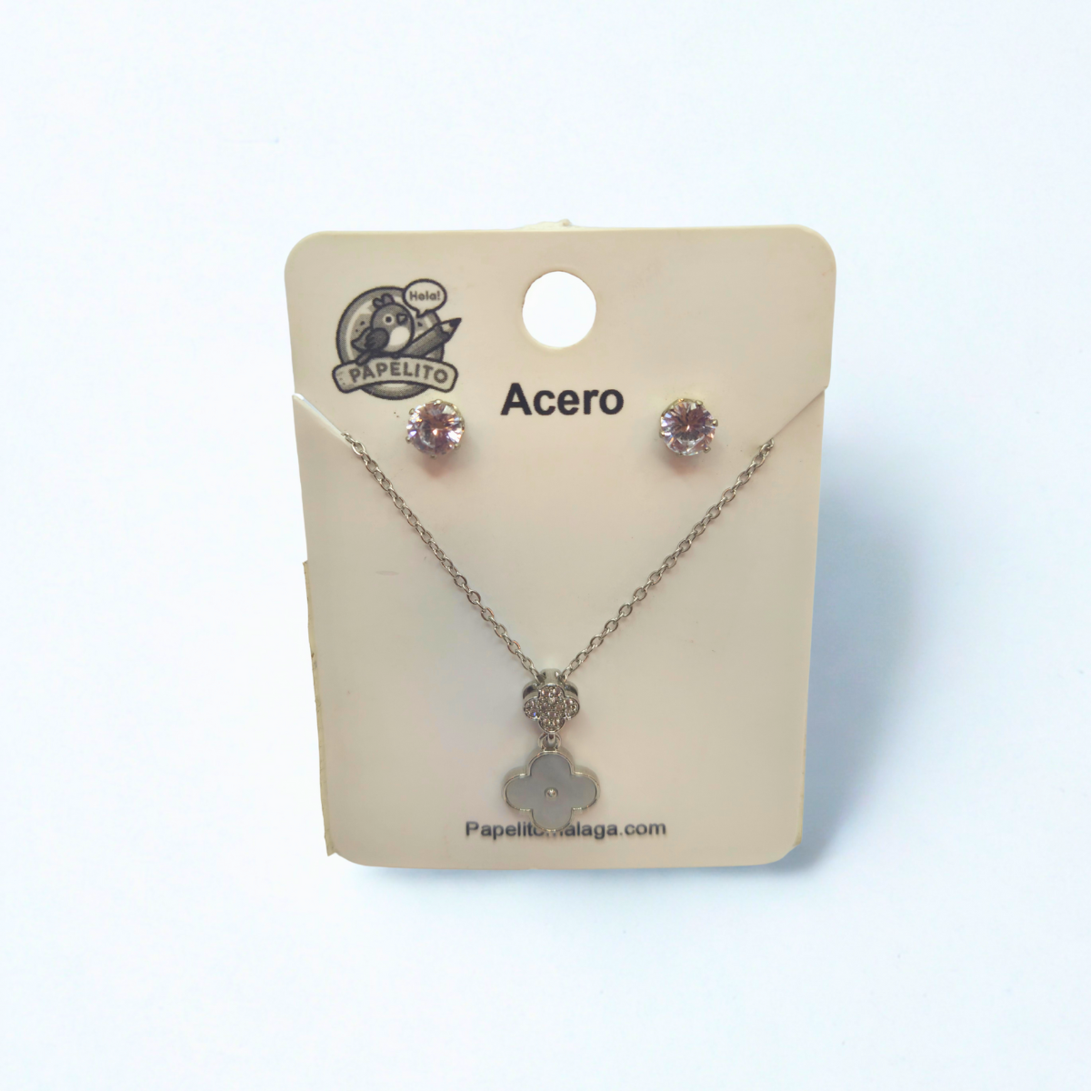 Conjunto de Collar Trébol y Pendientes Brillantes 100% Acero Inoxidable
