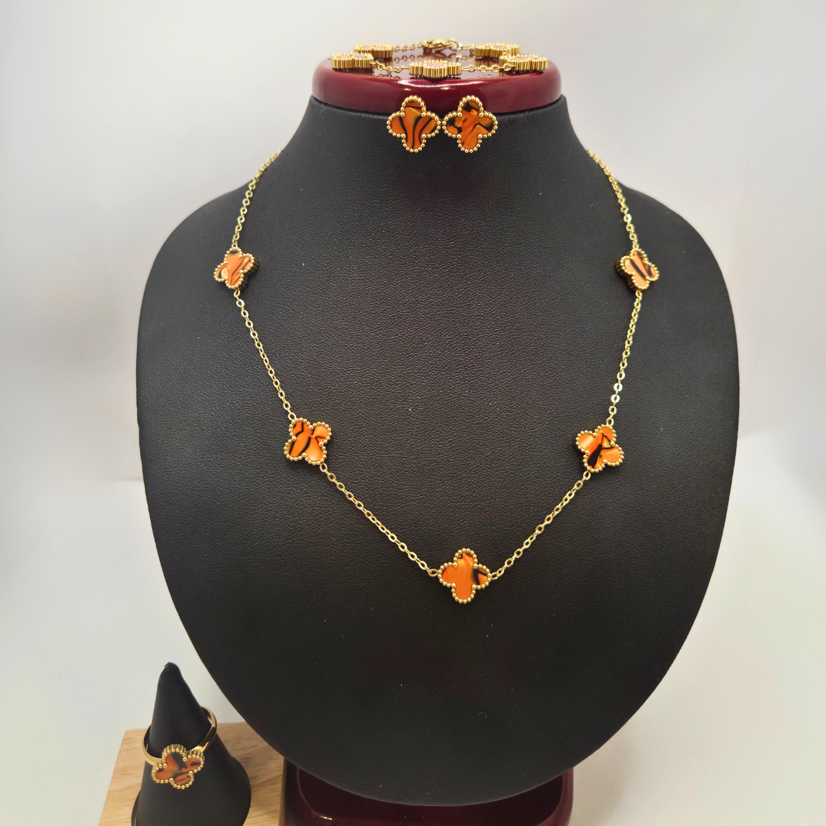 Conjunto de Joyería Trébol Naranja Mármol 100% Acero Bañado en Oro 18K