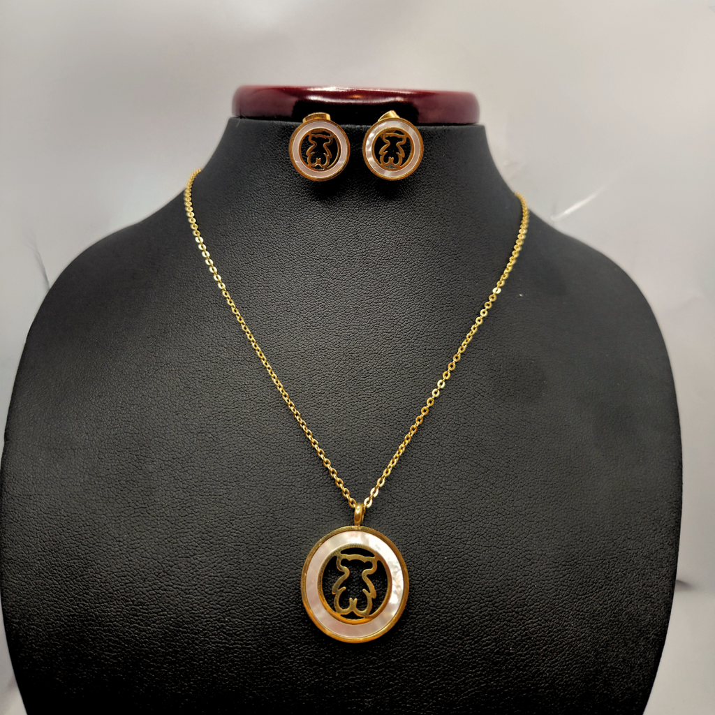 Necklace and Earrings Set with Bear and White Mother-of-Pearl in a Gold Circle - 100% 18K Gold Plated Steel
