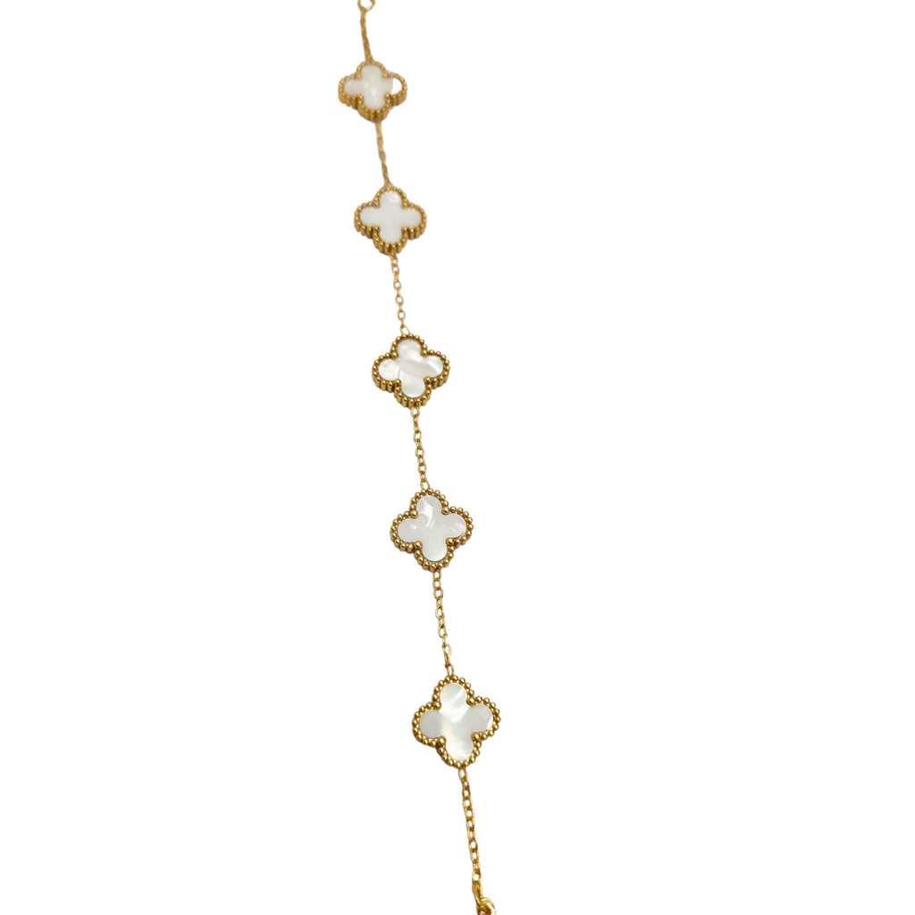 Conjunto de Joyería Trébol Blanco Nácar Largo 100% Acero Bañado en Oro 18K