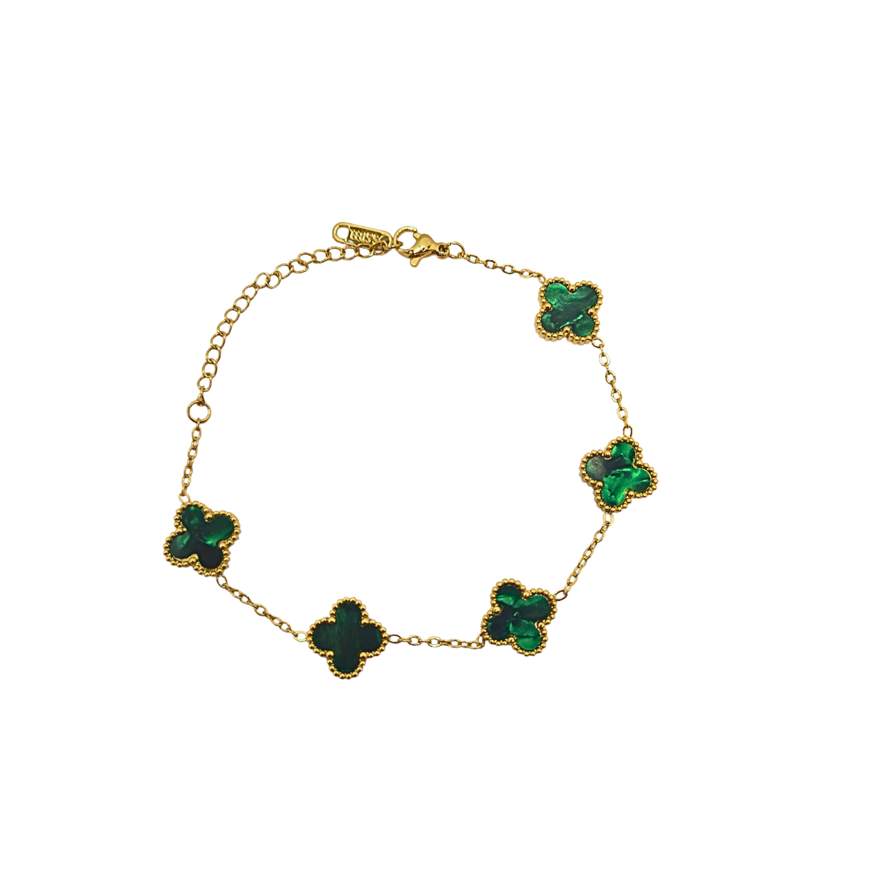Pulsera de Trébol Verde Malaquita 100% Acero Bañado en Oro 18K