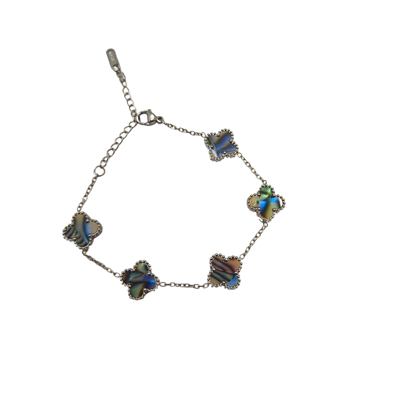 Pulsera de Trébol Nácar Iridiscente 100% Acero Inoxidable Color Plata