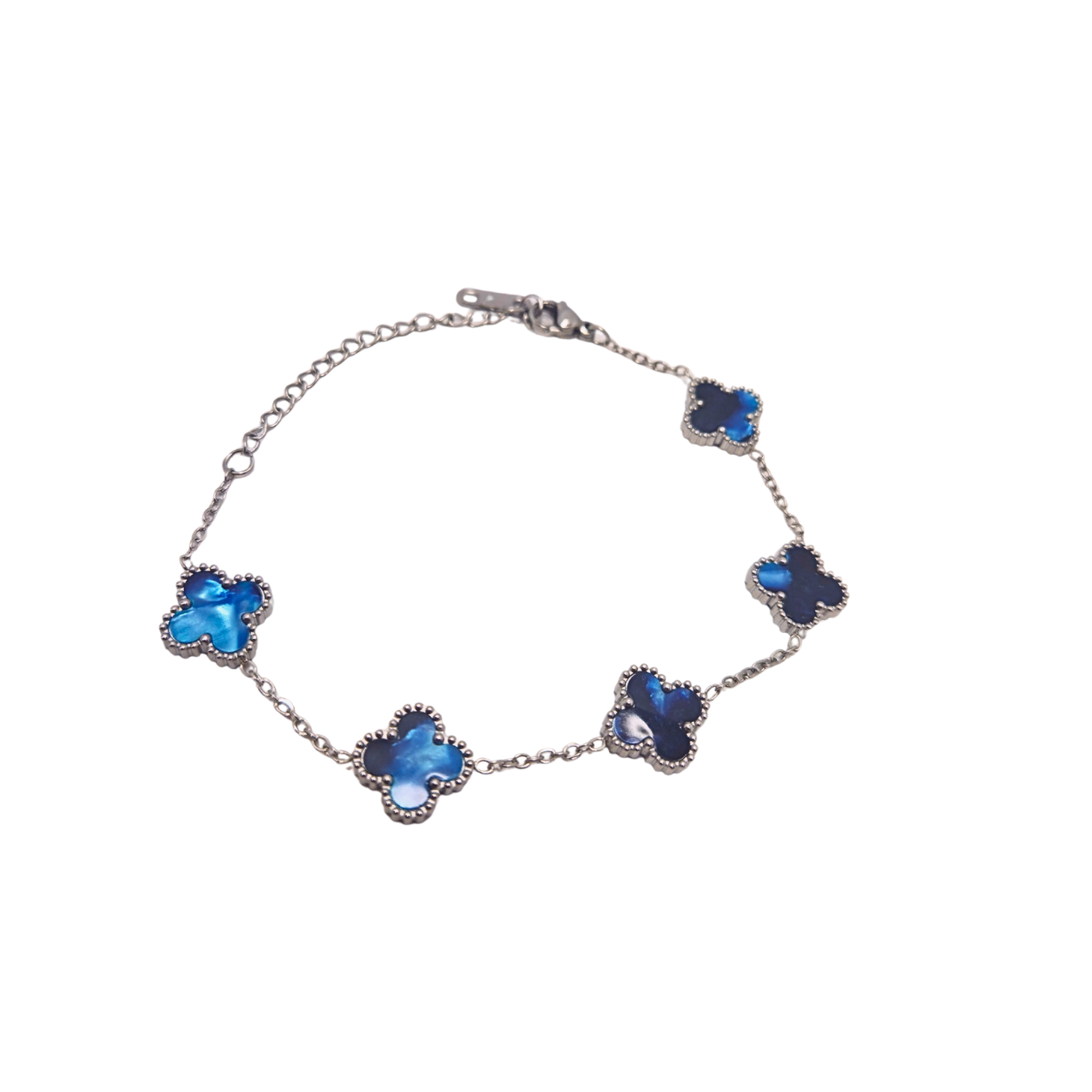 Pulsera de Trébol Azul Mármol Iridiscente 100% Acero Inoxidable Color Plata