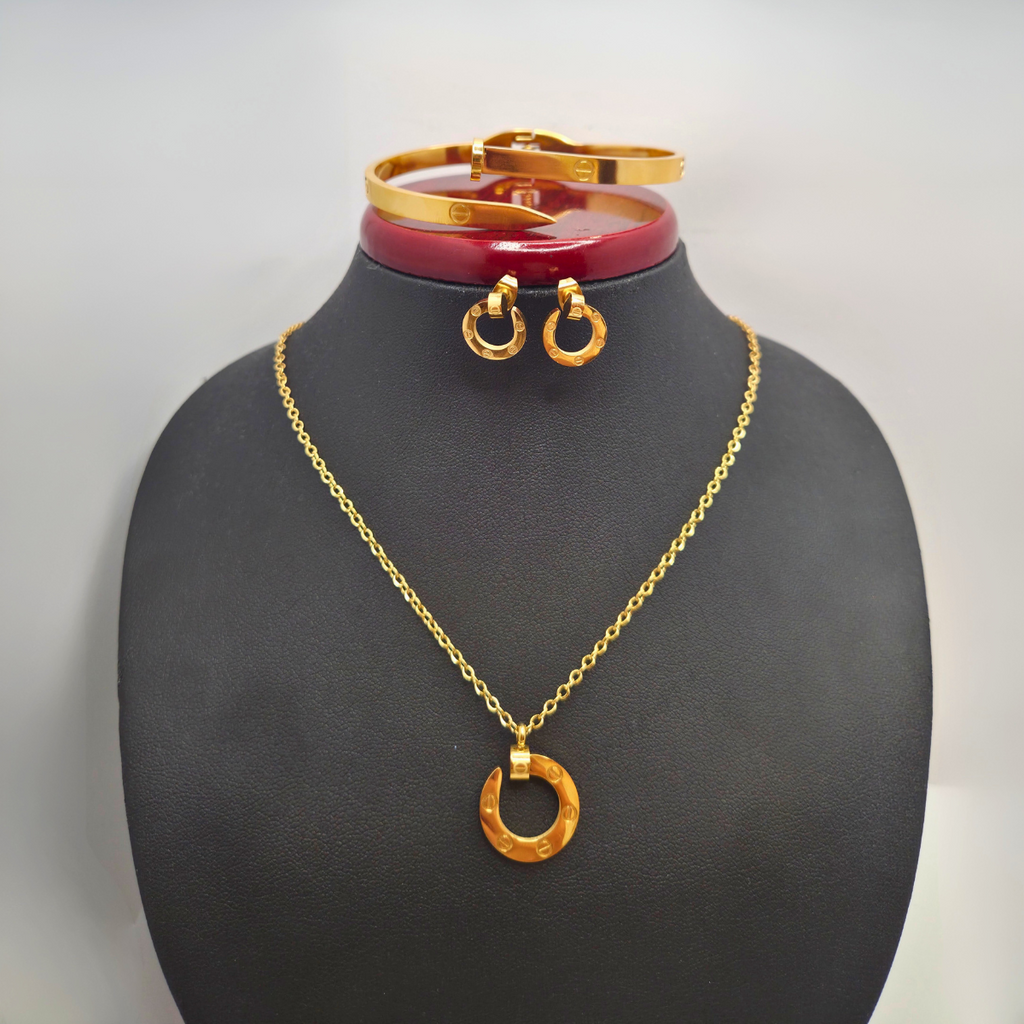 Conjunto de Joyería Círculo con Detalles Grabados 100% Acero Bañado en Oro 18K