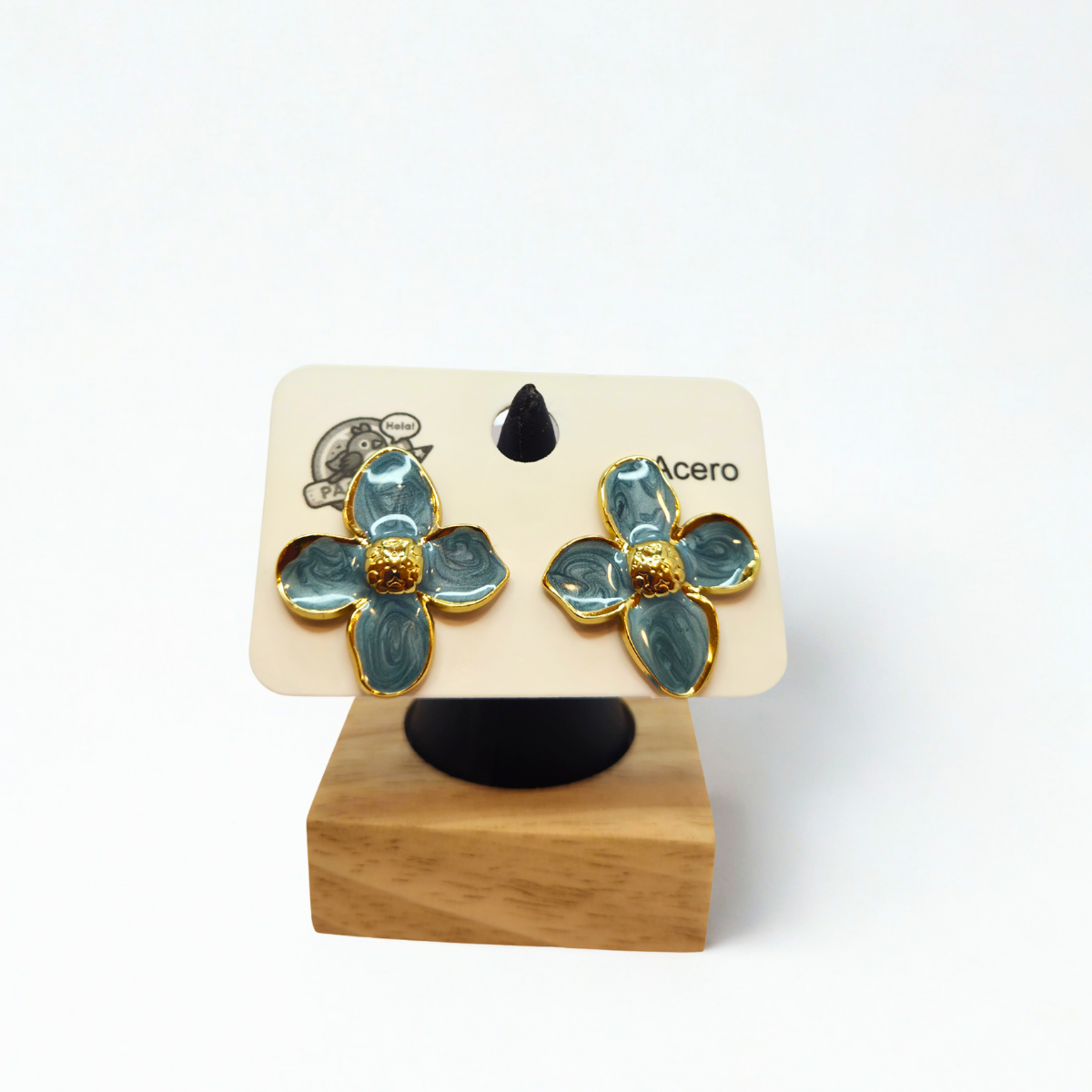 Pendientes de Botón con Flor de Pétalos Azul Petróleo y Centro Dorado - 100% Acero Bañado en Oro 18K
