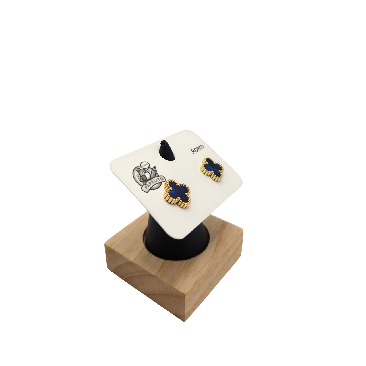 Pendientes de Botón Trébol Azul con Borde Dorado Perlado 100% Acero Bañado en Oro 18K