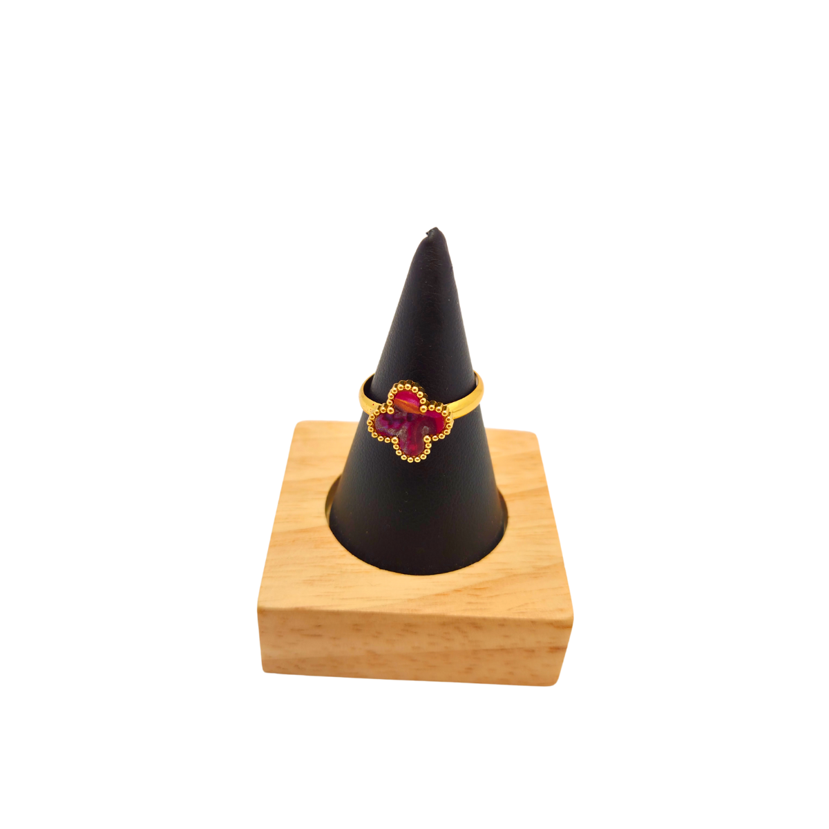 Bague 100 % acier plaqué or 18 carats, motif trèfle violet - Taille ajustable