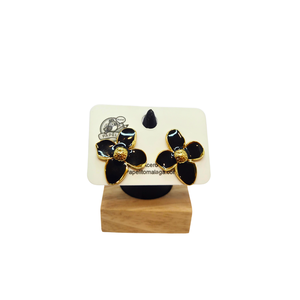 Pendientes de Botón con Flor de Pétalos Negros y Centro Dorado - 100% Acero Bañado en Oro 18K