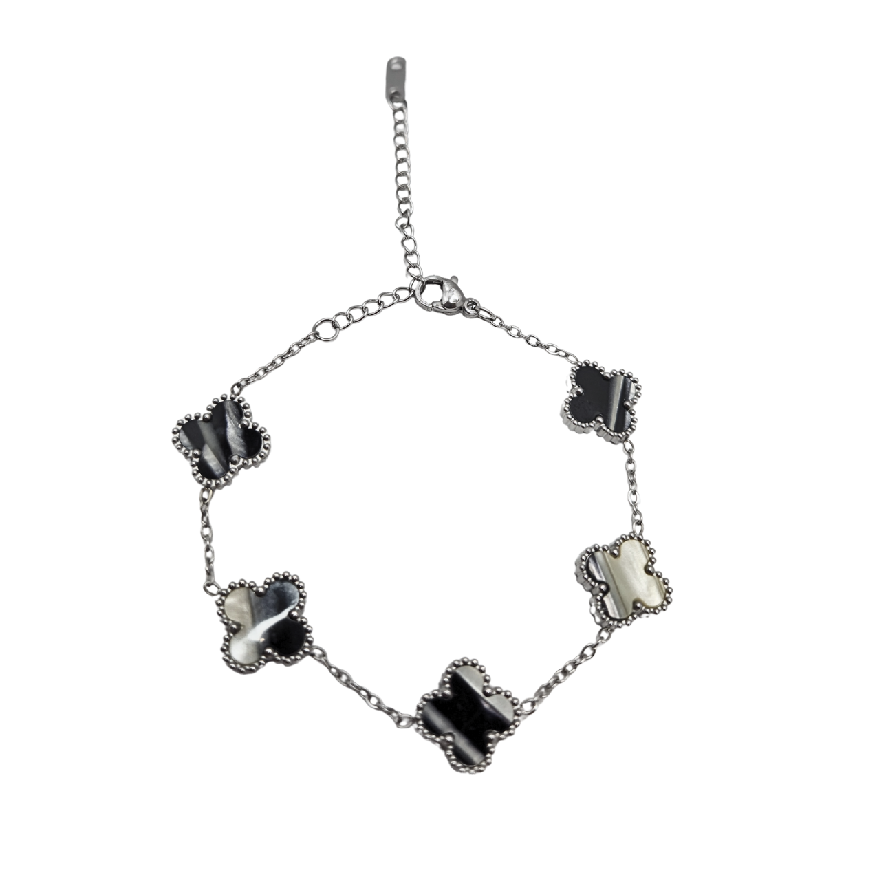 Pulsera de Trébol Diseño Mármol Blanco y Negro 100% Acero Inoxidable Color Plata