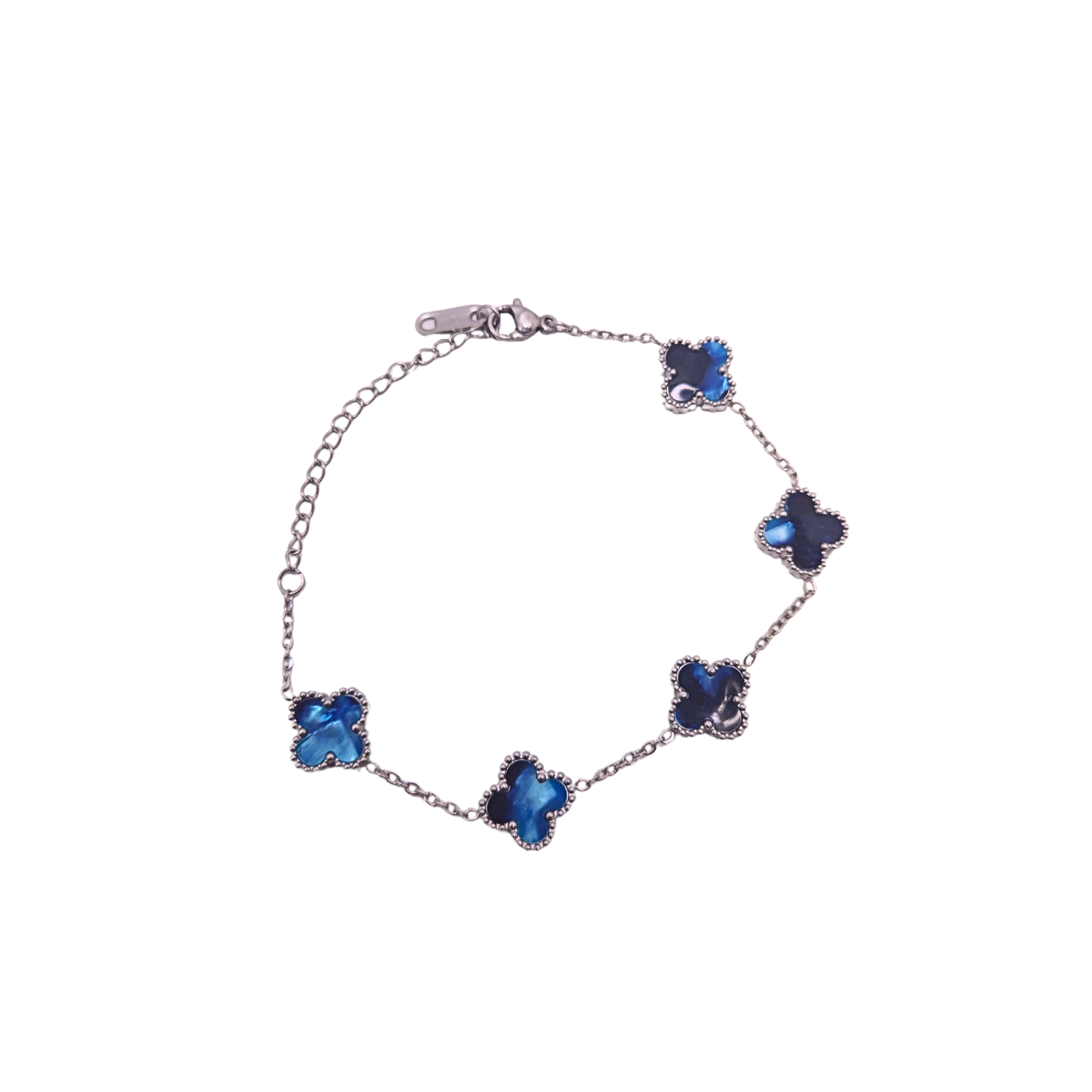 Pulsera de Trébol Azul Mármol Iridiscente 100% Acero Inoxidable Color Plata