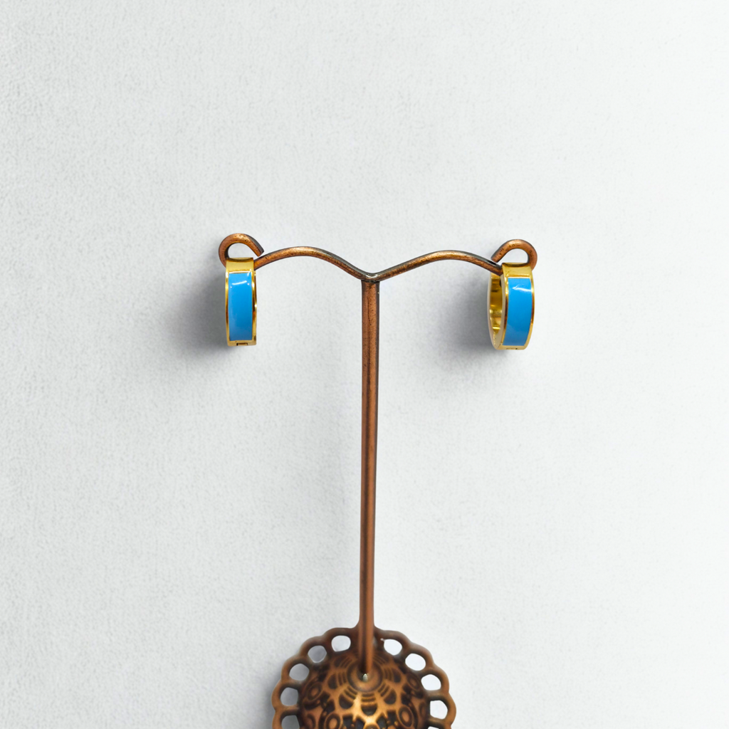 Sturdy Hoop Earrings with Electric Blue Enamel Detail - 100% 18K Gold Plated Steel