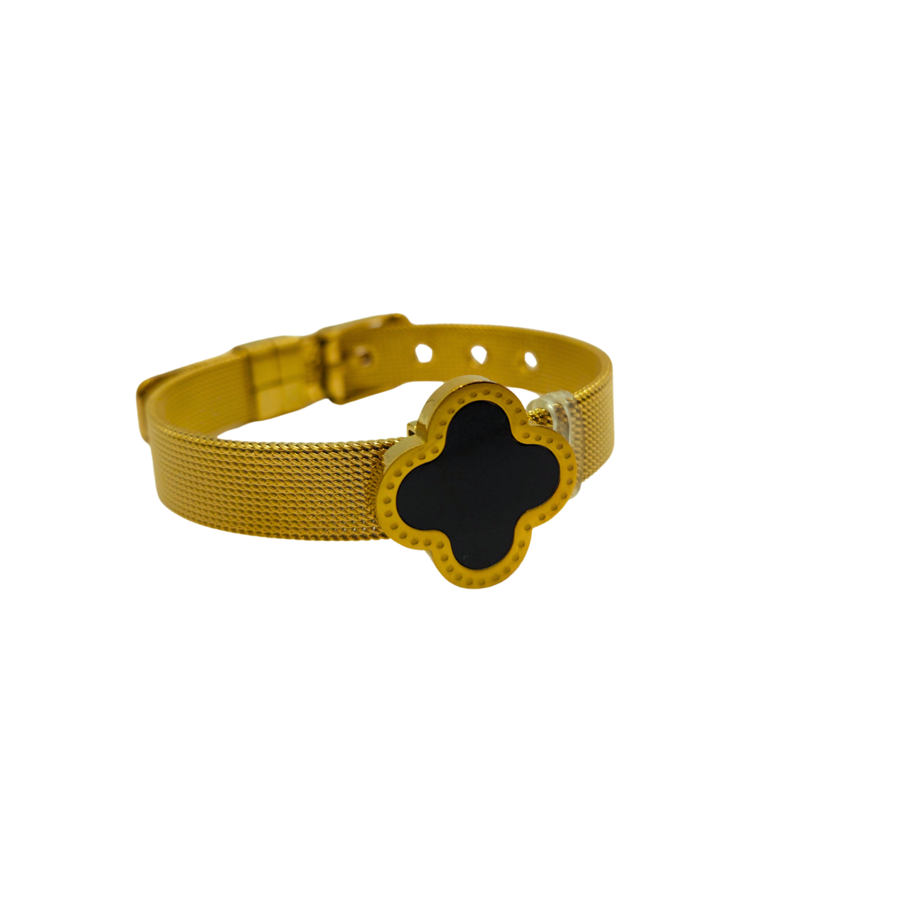 Pulsera Malla Milanese con Trébol Negro 100% Acero Bañado en Oro 18K