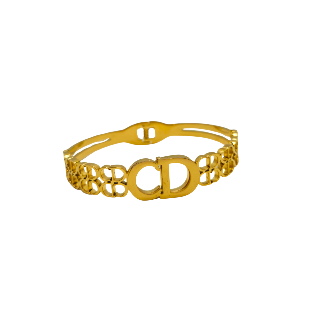 Pulsera Rígida con Doble Letra y Diseño Calado 100% Acero Bañado en Oro 18K