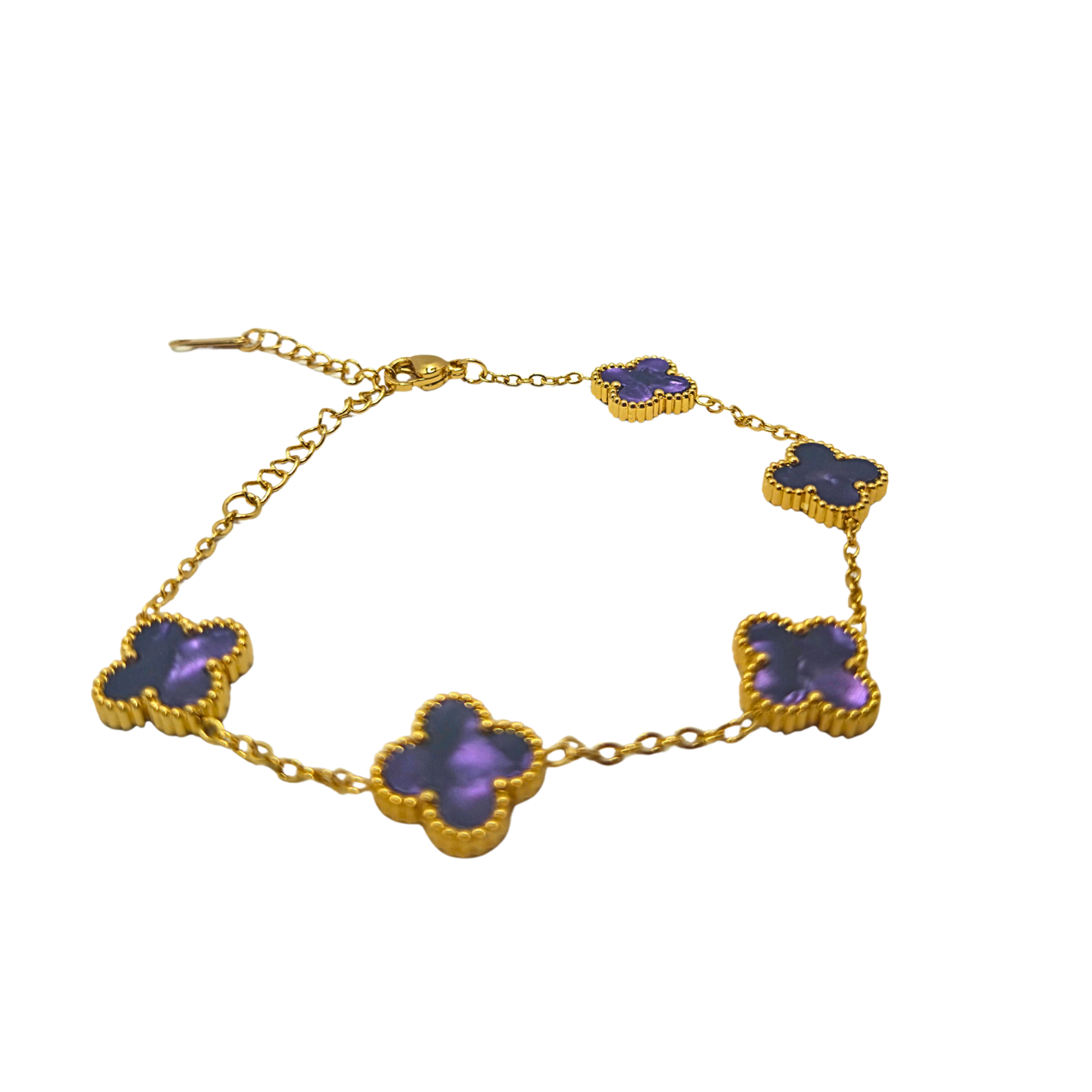Pulsera de Trébol Morado Jaspeado 100% Acero Bañado en Oro 18K