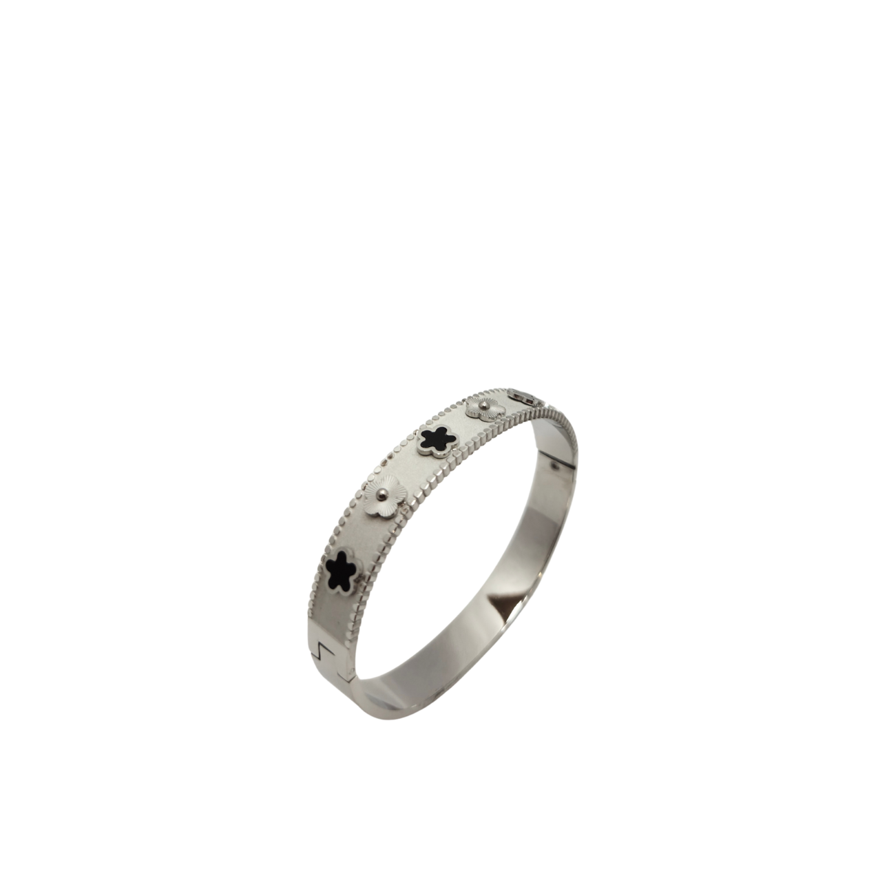 Pulsera Rígida Tréboles Negros - Acero Bañado en Plata