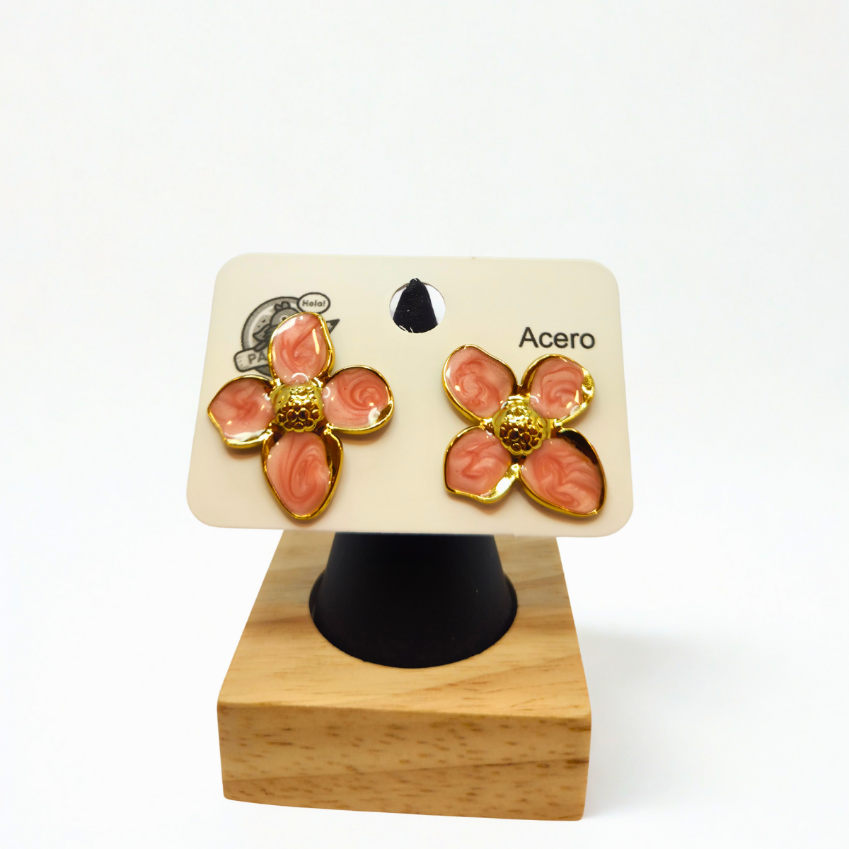 Pendientes de Botón con Flor de Pétalos Rosas y Centro Dorado - 100% Acero Bañado en Oro 18K
