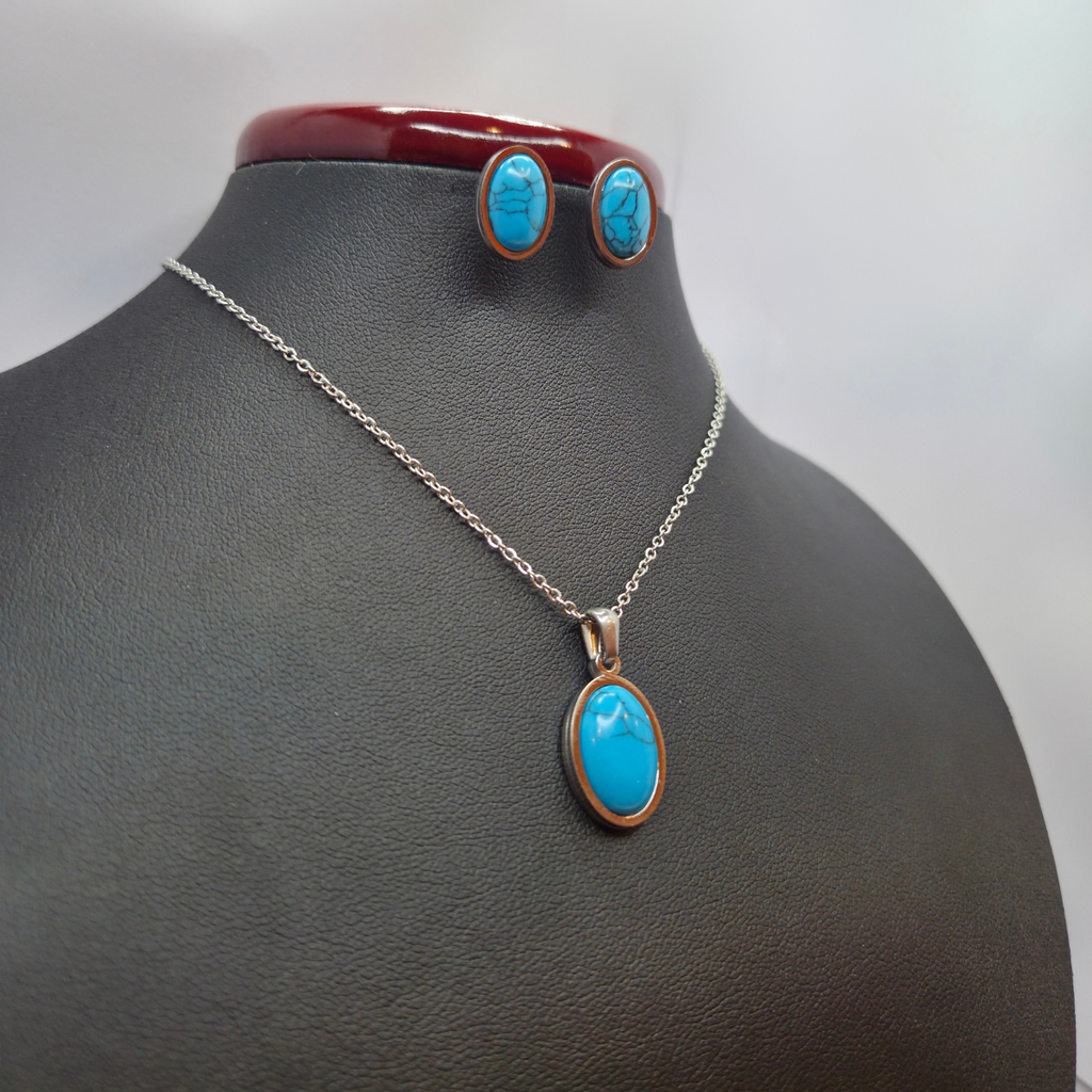 Reconstituted Turquoise Jewelry Set - Earrings and Necklace 100% Silver Plated Steel