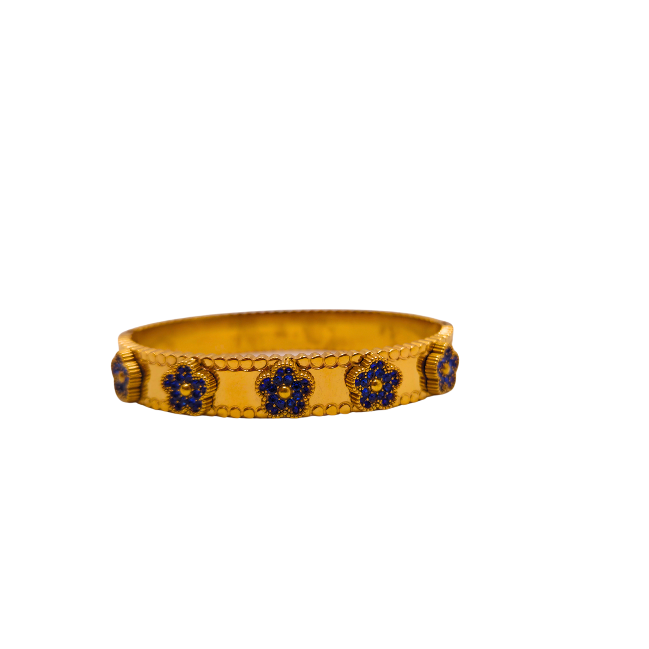 Pulsera Rígida con Tréboles Azules y Detalles Grabados 100% Acero Bañado en Oro 18K