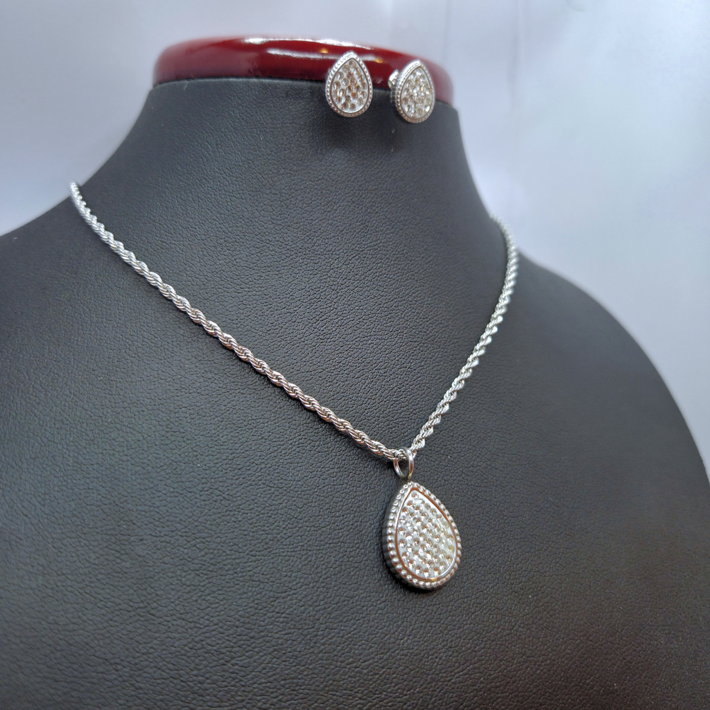 Micro Pave Crystal Drop Necklace and Earrings Set - Stainless Steel