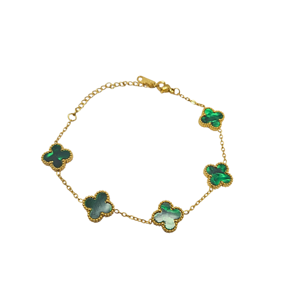 Pulsera de Trébol Verde Malaquita 100% Acero Bañado en Oro 18K