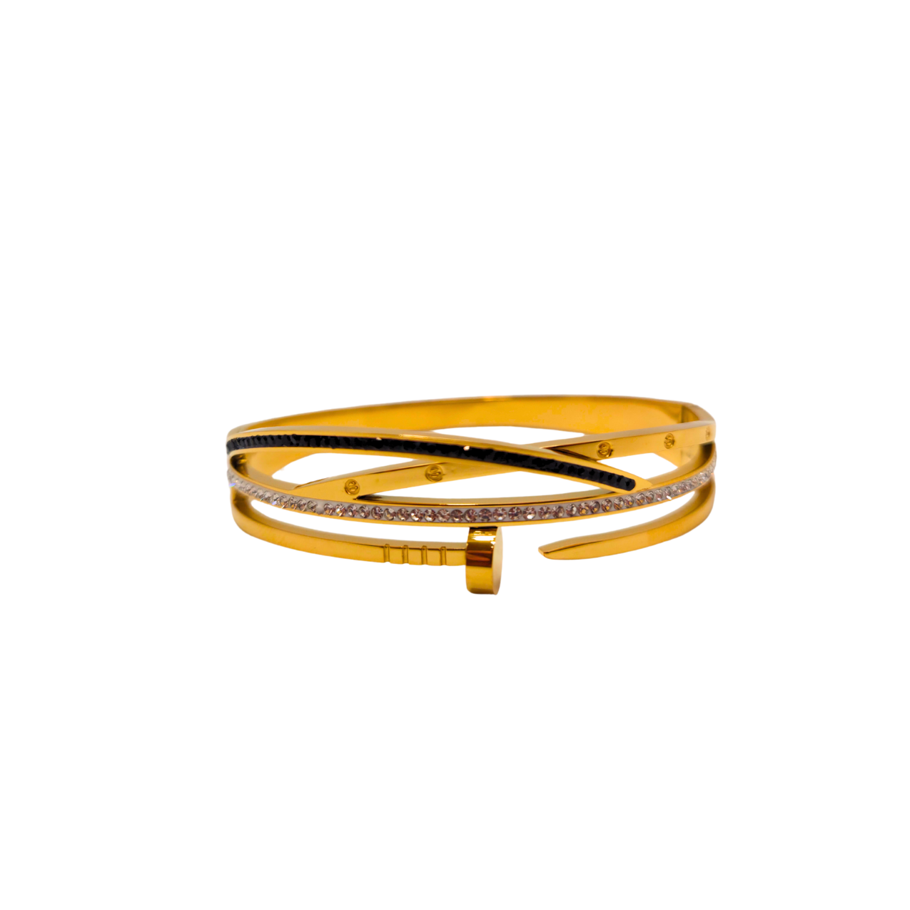 Pulsera Rígida Diseño Entrelazado con Clavo, Circonitas y Esmalte Negro 100% Acero Bañado en Oro 18K