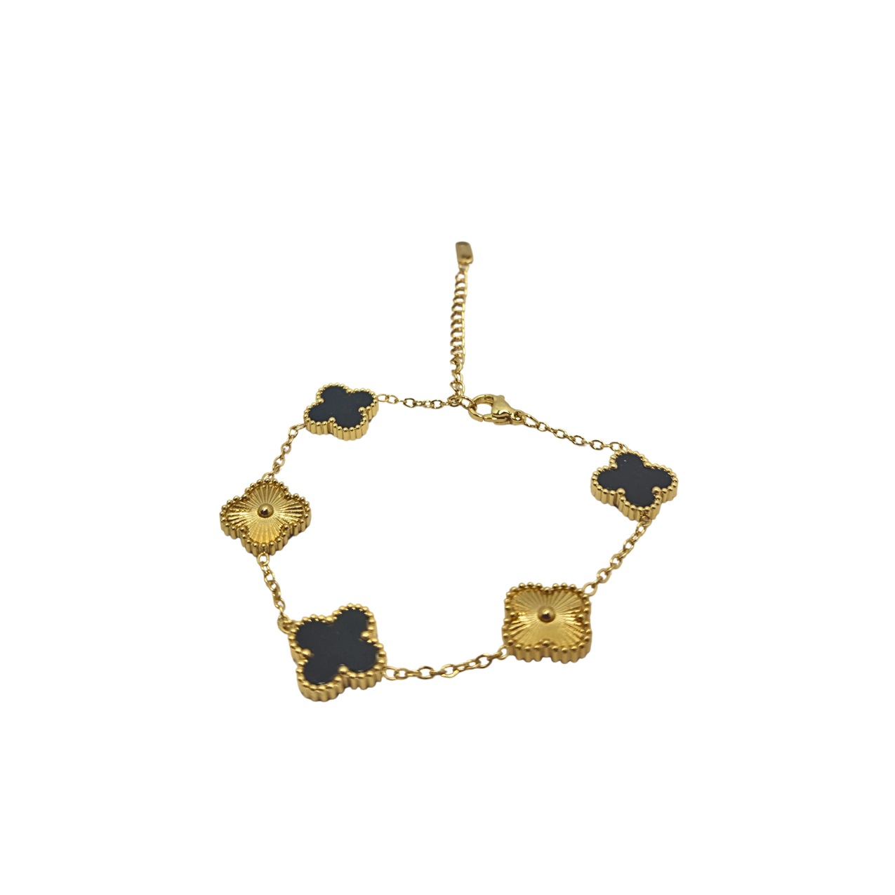 Pulsera de Trébol Alternado Negro y Dorado 100% Acero Bañado en Oro 18K