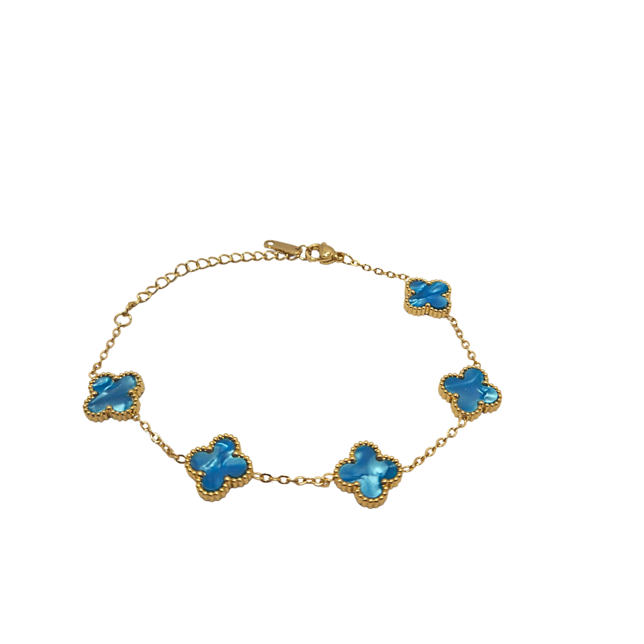 Pulsera de Trébol Azul Iridiscente 100% Acero Bañado en Oro 18K