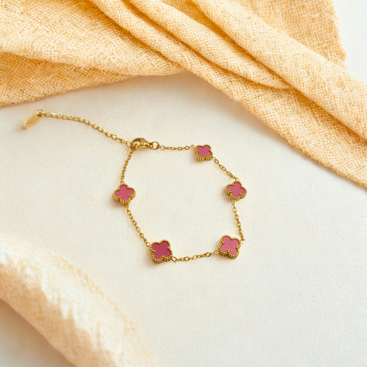 Conjunto de Joyería Trébol Rosa Fucsia 100% Acero Bañado en Oro 18K