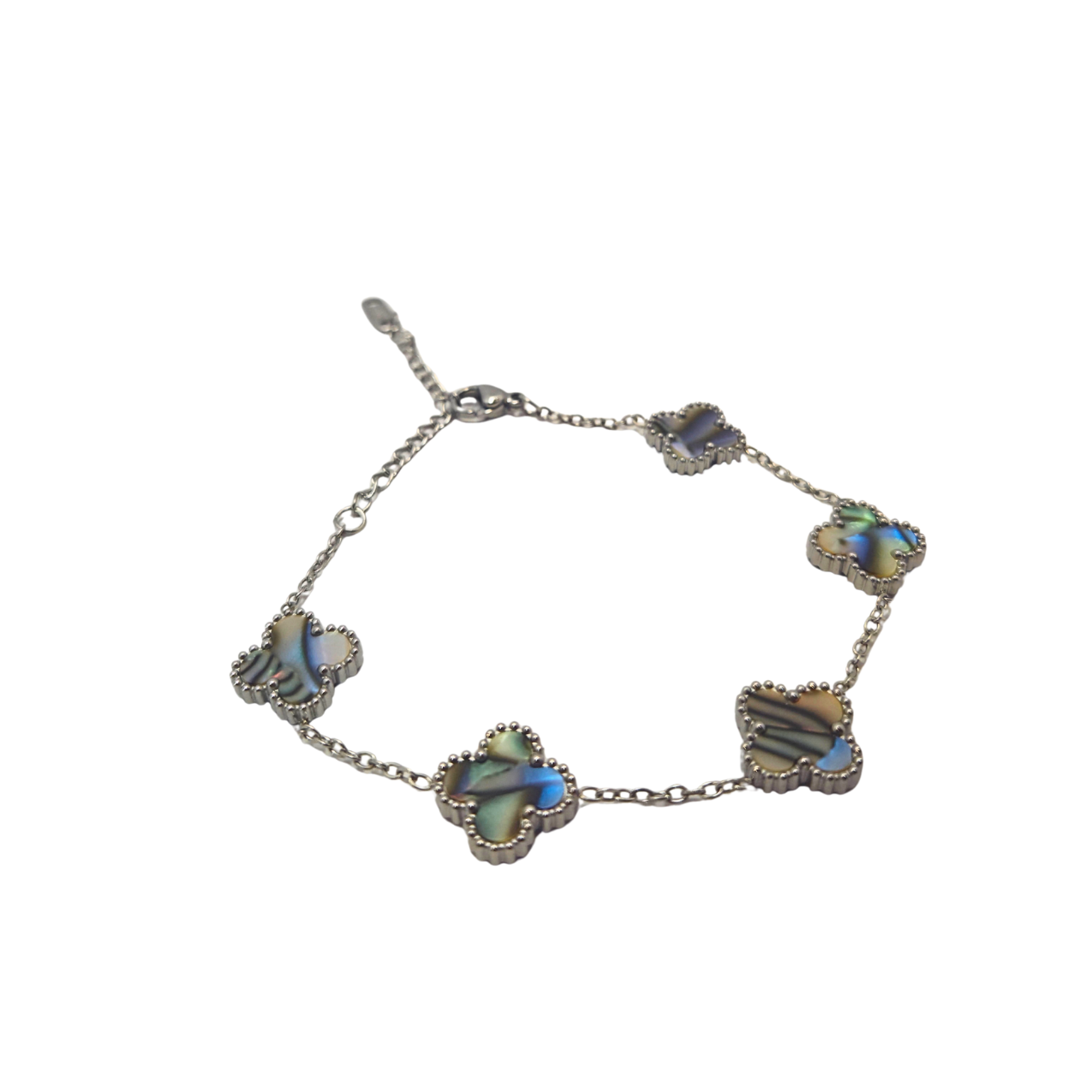 Pulsera de Trébol Nácar Iridiscente 100% Acero Inoxidable Color Plata